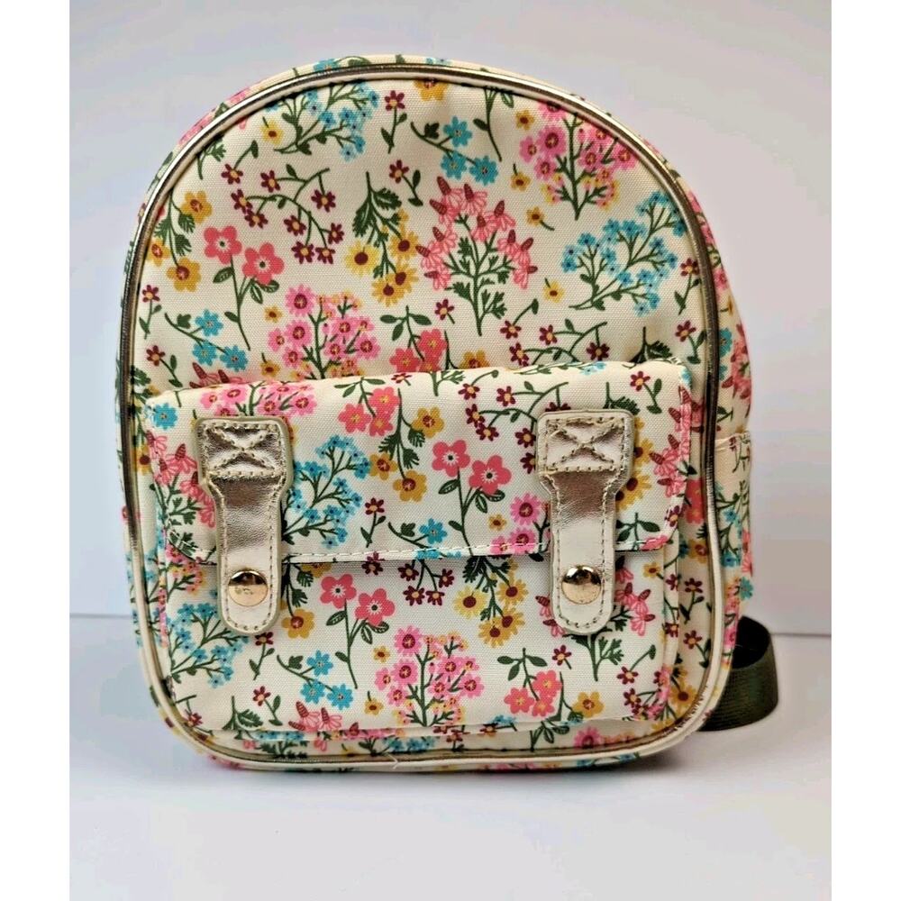 Wildflower Mini Backpack Compact Day Bag Cottagecore Pink Olive Floral Gold Trim